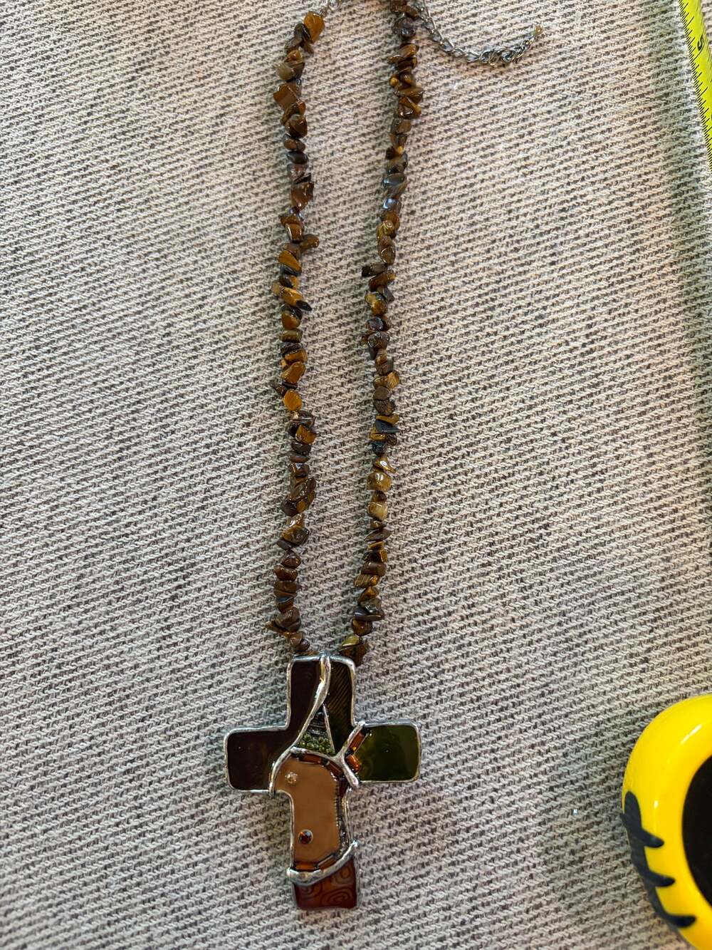 Jumbo 3.75" Southwestern Inlaid Cross Pendant Necklace Tiger's Eye Chip Bead